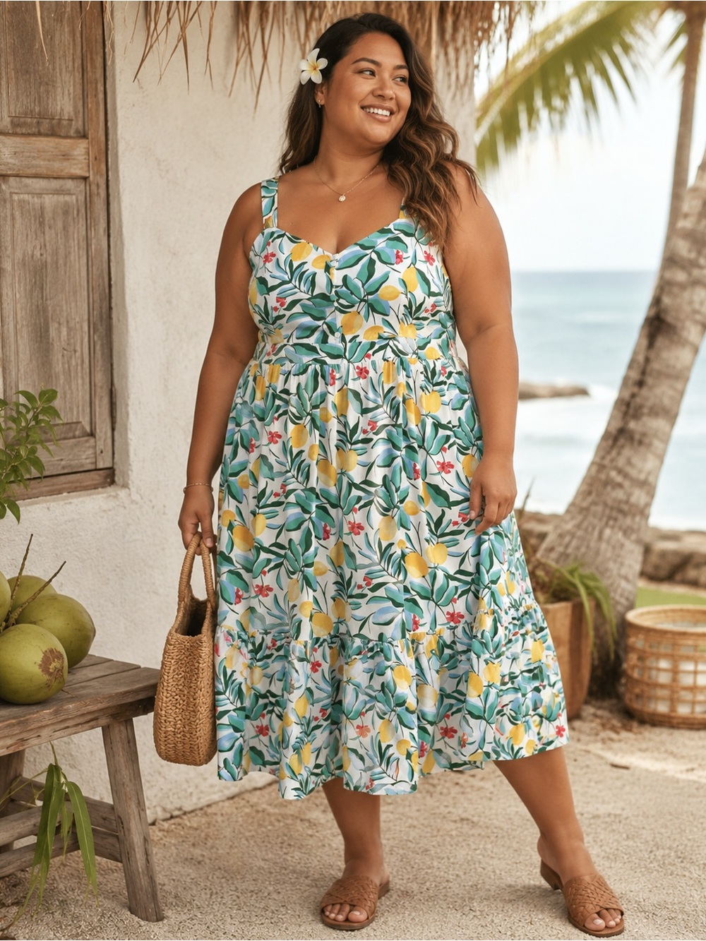 AVA & VIV Vibrant Lemon Floral Print Tiered Coconut Girl Midi Dress Size 1X